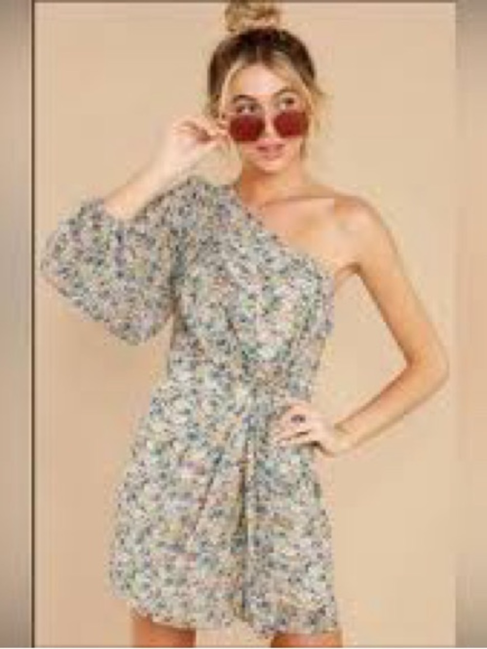 Skylar + Madison One-Shoulder Floral Mini Dress - Cream Multicolor EUC